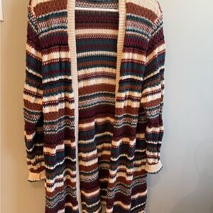 Striped Open-Front Long Knit Cardigan